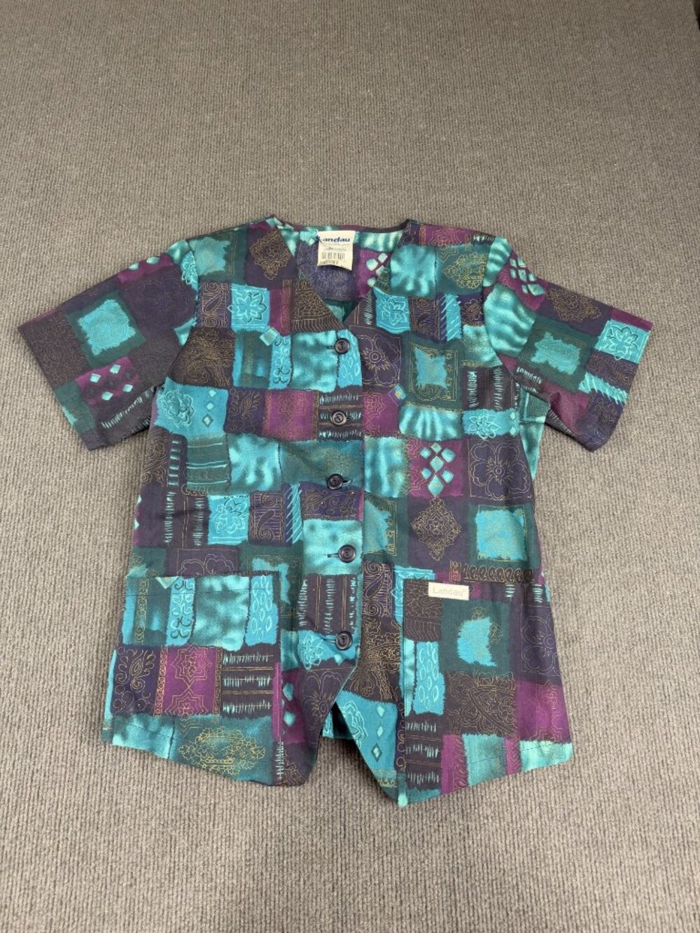 Landau Womens Multicolor Patchwork V-Neck Short-Sleeve Button-Front Scrub Top M